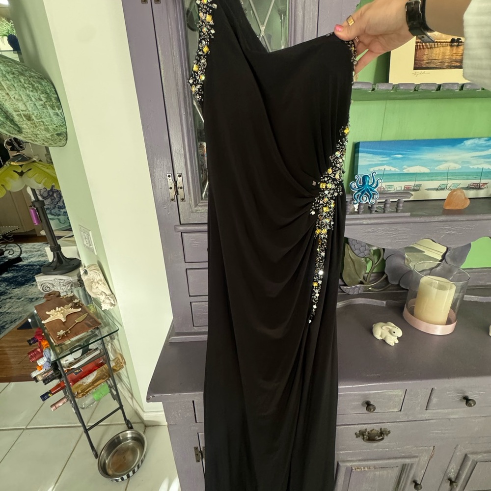 Camille La Vie Black One Shoulder Dress with Jeweled Details